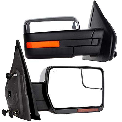 ANGLEWIDE Left Driver and Right Passenger Towing Mirrors Power Adjusted Heated Turn Signal Puddle Light Chrome Housing Compatible for 2004-2014 For Ford F150 1997-1999 For Ford F-250