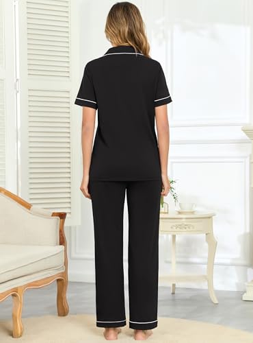 Image of Veseacky 100% Cotton Pajamas for Women Set Short Sleeve Button Down Sleepwear Soft 2 Piece Summer Pjs Lounge Sets S-XXL