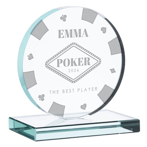Wanapix | Trofeo Personalizado con Nombre y Texto | Cristal Grabado (Escala de Grises) | Premio Personalizado | Redondo 10x11 cm | Incluye Estuche para Guardar | Póker