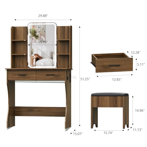 Image of Small Vanity Desk with Mirror and Lights, Makeup Vanity with LED Lights, Walnut Vanity Mirror with Lighted Desk and Chair, 3 Lighting Adjustable Compact Dressing Table with Mirror for Women, Girls