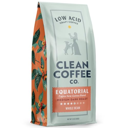 Clean Coffee Co. - Low Acid Medium-Dark Roast, Tested for Molds and Toxins, Papua New Guinea Blend, Notes of Milk Chocolate and Roasted Almonds (Whole Bean, 12 oz Bag)