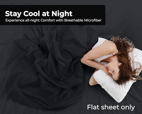 Image of Royale Linens Queen Flat Sheet - Ultra Soft Brushed 1800 Microfiber Flat Sheets Only - Wrinkle Free & Stain Resistant - Hotel Quality Top Sheet for Bed (Queen, Black)