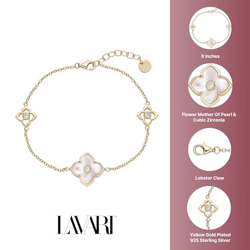 Lavari Jewelers Malachite, Black Onyx or Mother of Pearl and Cubic Zirconia Flower Bracelet for Women in 925 Sterling Silver with Gold Plating 7 to 8 Inches Adjustable Lobster Claw4