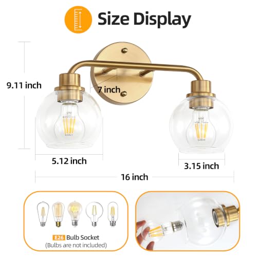 Image of Bathroom Light Fixtures Gold Vanity Light 2 Light Brushed Brass | Wall Sconces Lighting with Clear Globe Glass Shades Bath Wall Lamp for Mirror Kitchen Living Room Bedroom Hallway