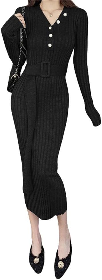Ptor Womens Knit Dress, Long Sleeve, Tight Dress, Long Length, Rib Knit Sweater, V-Neck, Neat, Knit Dress, With Belt, Tight, Slimming, Elegant Dress, Autumn, Winter