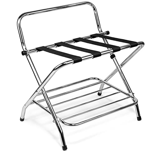 Ustech 2 Tier X-Shape Folding Luggage Rack With High Back | Durable Metal Stand & Heavy-Duty Nylon Straps For Guest Room Storage & Suitcase Holder | Perfect For Bedroom & Closet #TOP11
