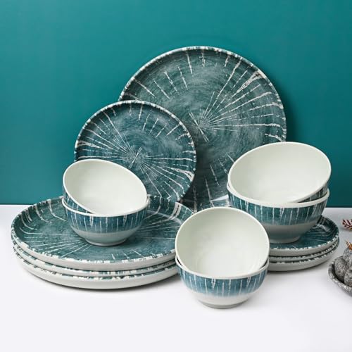 Image of MARKET 99 Dreams Blue Melamine 14 Piece Dinner Set, Round Glossy Vertical Stripe Design with 4 Full Plates, 4 Quarter Plates, 4 Soup Bowls & 2 Serving Bowls, Food Safe Dinnerware