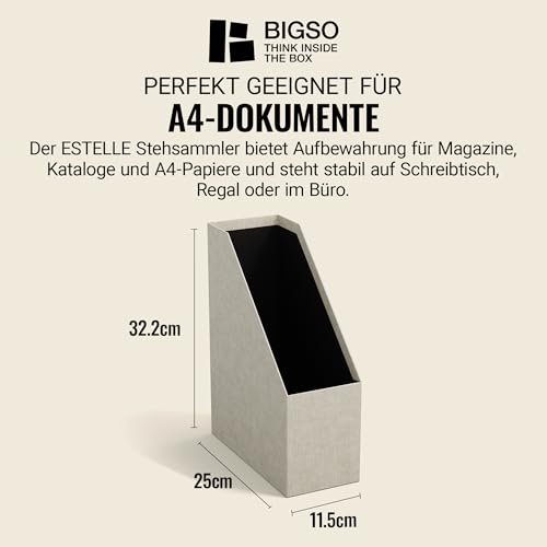 BIGSO ESTELLE Stehsammler für Zeitschriften, Magazine und Akten – praktischer Organizer aus Faserplatte und Papier in Leinenoptik – stabiler Zeitschriftenhalter mit Griff – beige