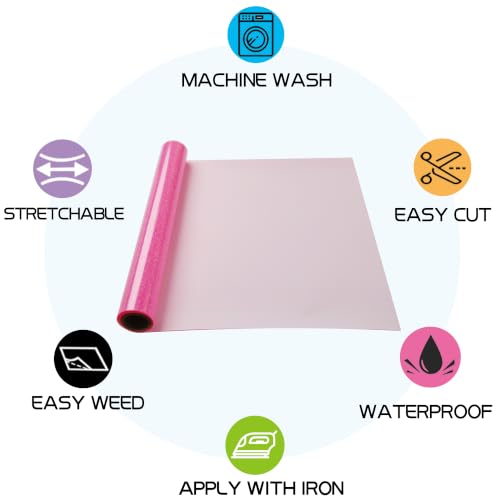 Image of RENLITONG Dark Glitter Pink Iron on Vinyl - 12Inch by 5ft Roll HTV Heat Transfer Vinyl for T-Shirt HTV Rolls for All Cutter Machine - Easy to Cut & Weed for Heat Transfer Design