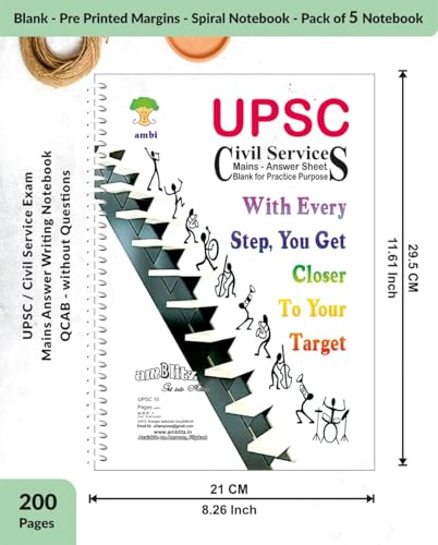Image of amblitz UPSC Answer Writing Sheets | 200 Pages | Pack of 5 Notebook | 70 GSM Thick Paper | Civil Service Exam | PSC | UPSC Mains | Pre Printed Margins