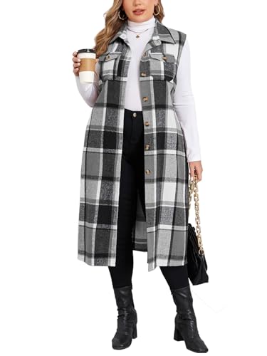 ZOMVA Plus Size 1X-5X Flannel Plaid Long Midi Vest with Pockets Button Down Sleeveless Shacket Coats Fall Outfits Jackets