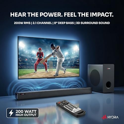 Image of Hydra NexusOne 2.1 Channel Soundbar with 8 Inch Subwoofer & 3D Surround Sound 200 W Bluetooth Soundbar (Black, 2.1 Channel)