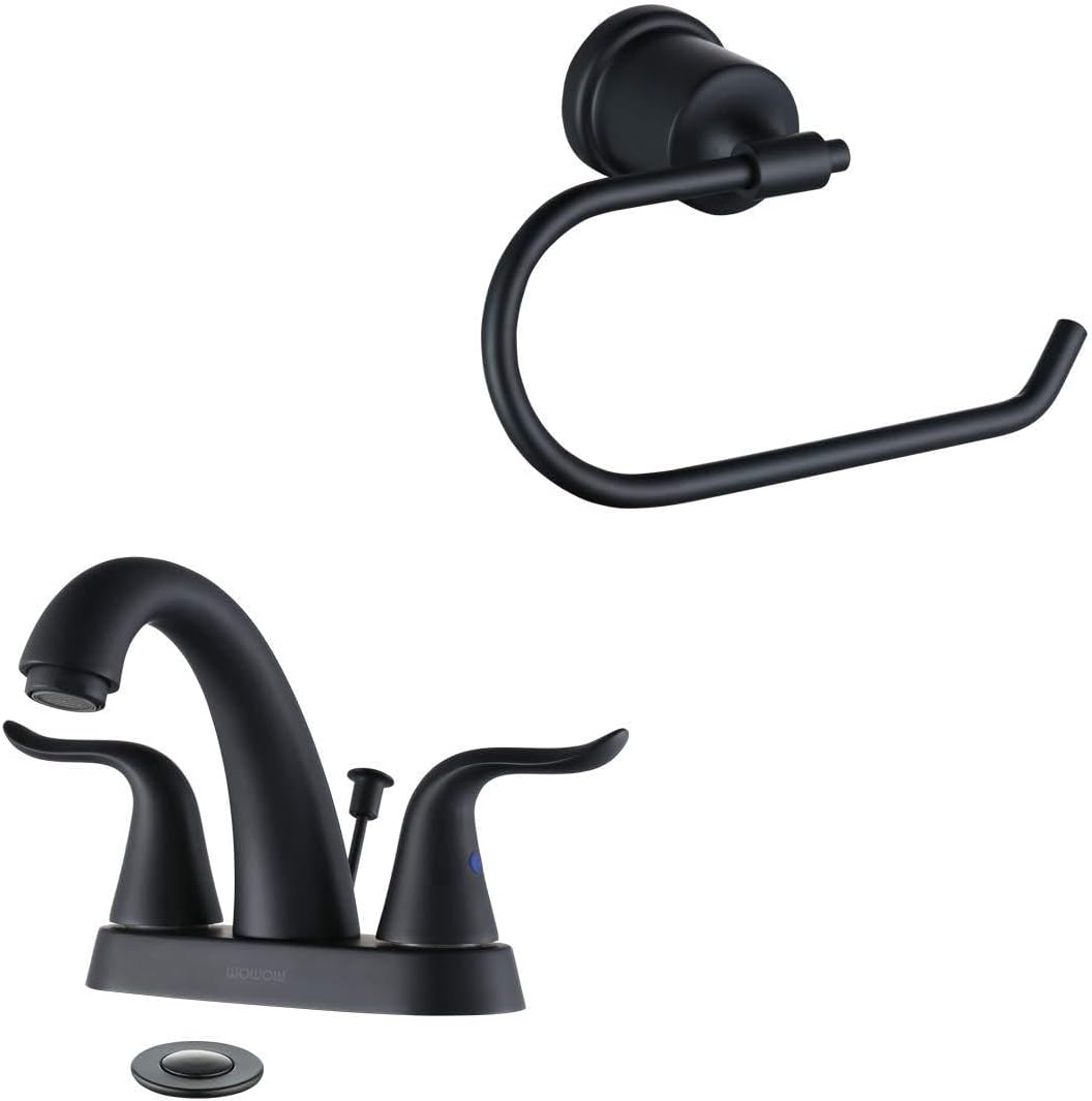WOWOW Wall Mounted Bathroom Toilet Paper Towel Holder and Black Bathroom Sink Faucet 4 inch Centerset with Lift Rod Drain