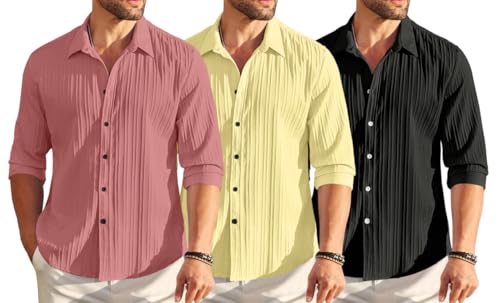 Image of FINIVO FASHION Combo of Men's Casual Cotton Plain Button Down Shirt Long Sleeve Textured Summer Beach Shirt for Men Pack of 3