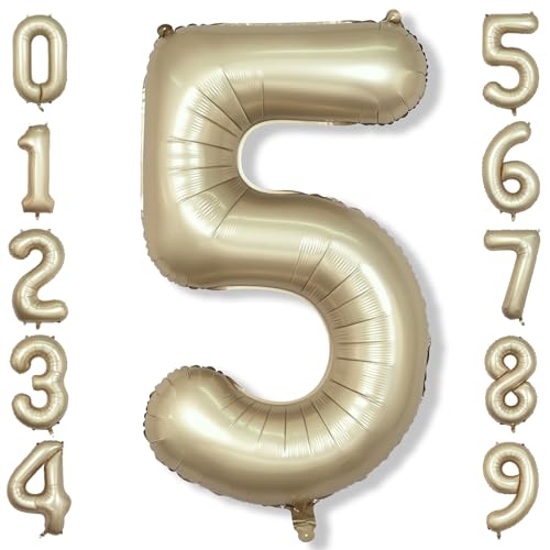 Image of Metallic Gold 5 Balloons, 40 Inch Giant Light Gold Mylar Foil Number 0-9 Helium Balloon for Girls Boys, Self Inflating Champagne 5th Birthday Balloon for Women Anniversary Party Decorations Supplies