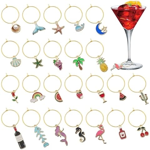 BOYIVI 24 Pieces Wine Charms Drink Markers for Stem Glasses Cup Tags with Hanging Rings Beach Style Funny Wine Glass Identifier Tags for DIY Decorations and Wine Party Cover