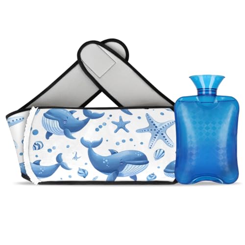 Hot Water Bag with Waist Cover Starfish Shells Whales Warm Hot Water Bottle Belt Plush Double Hand Insert Wearable Water Bag Detachable Hot Bottle Pouch for Neck Shoulder Pain Relief