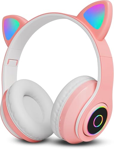 GLOBAL TECH Wireless Bluetooth Kids Headphones Foldable Cat Ear Headphones with LED Flashing Lights Built-in Mic Volume Controls Over Ear Children Earphones for Tablet PC Laptop Phone iPad