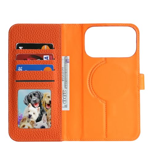 Image of Detachable Genuine Leather Case for iPhone 17 Pro Wallet Case Magnetic 2in1 Removable Flip Cover Book Purse Compatible with Magsafe Charging Kickstand Card Holder-Orange