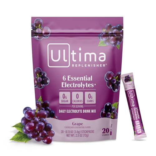 Image of Ultima Replenisher Daily Electrolyte Powder - Grape, 20 Stickpacks - Zero Sugar Hydration Packets with 6 Electrolytes and Minerals - Sugar Free, Plant Based & Keto Friendly Drink Mix