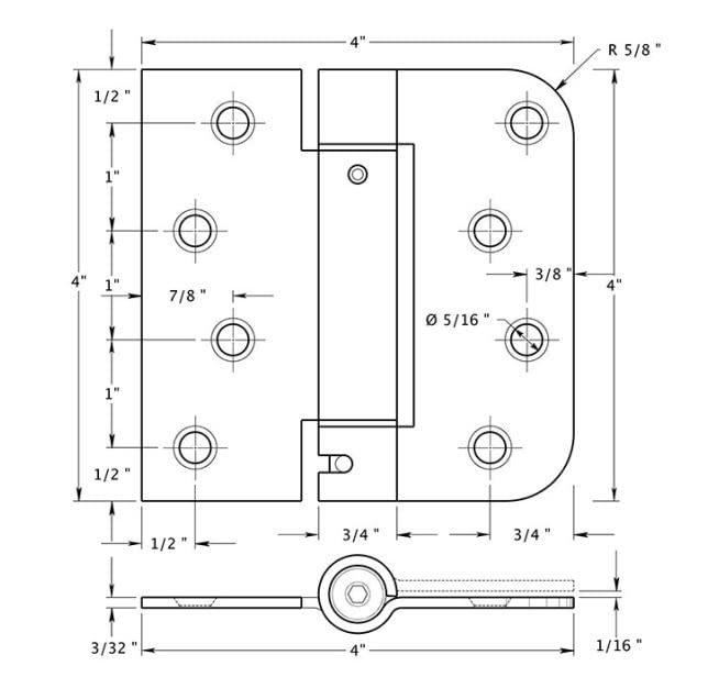 Deltana DSH4R5TT2D Single Action Steel 4-Inch x 4-Inch x 5/8-Inch x Sq Spring Hinge