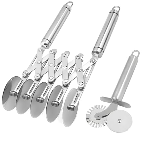 Varku 5 Wheel Pastry Cutter,Stainless Steel Pizza Slicer Pasta Cutter,Adjustable Multi-Wheel Dough Cake Slicer Tool with Handle,Includes Small Serrated Pizza Cutter