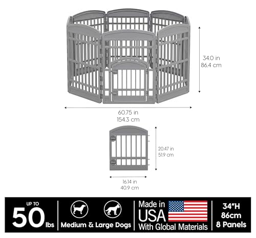 Image of IRIS USA 34 inch Dog Playpen Tall Dog Playpen Indoor - 8-Panel Puppy Playpen with Door, 63 x 63 x 34, Extra Tall Dog Play Pen Indoors for Large Dogs, Plastic Pet Playpen, Indoor Dog Pen, Gray