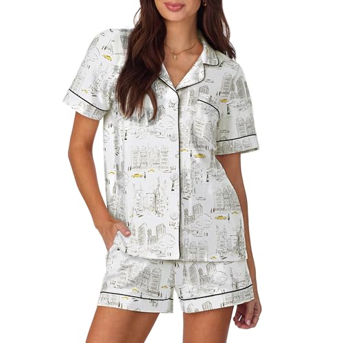 Bed Head PJs Womens Matching Pajamas - Soft Organic Short Sleeve Button Down PJ Shirt & Shorts Set - Sleepwear & Loungewear, City That Never Sleeps, Small