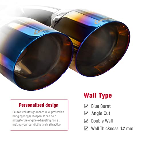 Upower Dual Exhaust Tips 2.5" Inch Inlet 3.5" Outlet 9.5" Length Vacuum Plating Blue Polished Stainless Steel 1.2Mm Thickness Double Wall Slant 2.5" To 3.5" Exhaust Tailpipe #TOP4