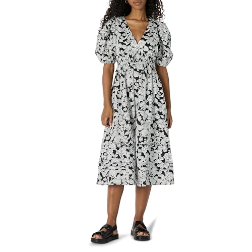 Image of Amazon Essentials Women's Regular-Fit Cotton Sateen Puff Sleeve Midi Dress, V-Neck