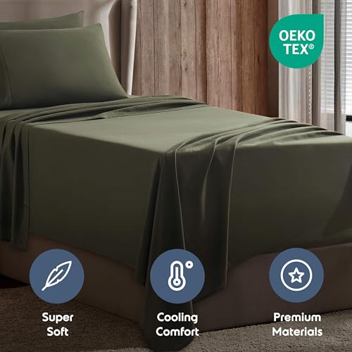 Image of Nestl Twin Bed Sheet Set - Olive Green - 3-Piece Deep Pocket | Instantly Soft, Night-One Ready (No Wash Required). Fits 16-Inch Deep Pockets, 360-Degree Elastic Grip