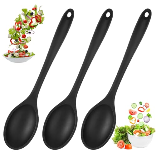 KineticKraft 3 Pieces Silicone Spoon, 27 cm Heat-Resistant Cooking Spoon, Non-Stick Kitchen Spoons, Long Handle Mixing Spoons, Silicone Serving Spooning for Stirring, Scooping and Mixing (Black)