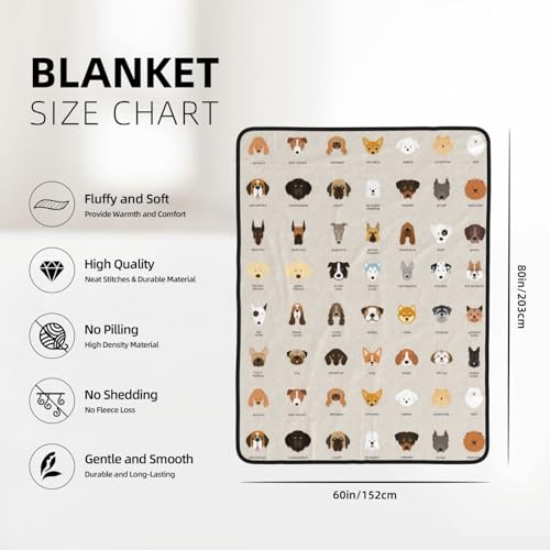 WKSGDSG Kingsize-Decken für Bett, Hunderassen, Anti-Pilling-Flanell, doppellagig, weich, gemütlich, Doppeldecke, luxuriös, wendbar, Plüsch, große Decke für Sofa, Couch, Reisen, 203 x 152 cm