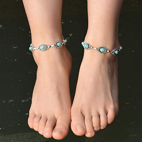 Aimitery Boho Turquoise Anklets Silver Ankle Bracelet with Foot Chain Jewelry for Women and Girls
