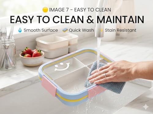 Image of Kids Bento Lunch Box with one Folding Spoon | Leakproof BPA-Free Tiffin Box for School | Cute Smile Design Food Storage Container for Boys & Girls