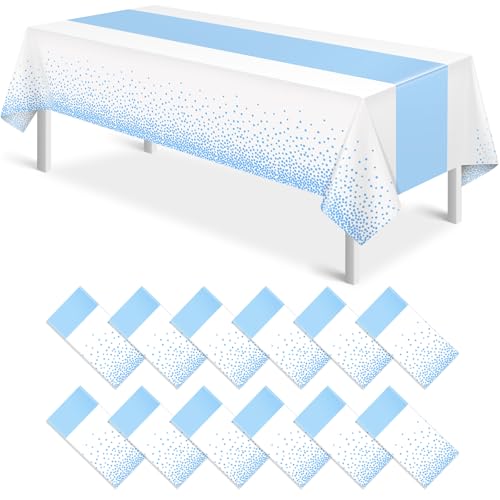 Image of 12Pcs White Light Blue Tablecloth Party Decorations,Plastic White Table Cloth Printed Baby Blue Tables Runner Disposable Rectangle Table Cover for Birthday Baby Shower Wedding Party,54 x108 Inch