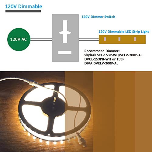 Image of 120V Dimmable LED Strip Light 2000K Amber Yellow Color,Dimming by Wall Dimmer Switch, Very Bright LED String, No Need Driver Converter,100ft Extension, IP65, Flexible LED Tape Light Under Cabinet