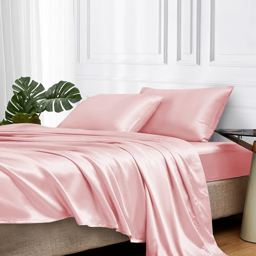MR&HM Sábanas de satén para cama de tamaño queen, juego de 4 piezas de ropa de cama sedosa con 15 pulgadas de profundidad para colchón, color rosa claro