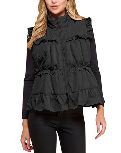Womens Ruffle Puffer Vest Winter Warm Zip Up Stand Collar Back Bow Padded Gilet with Pockets2