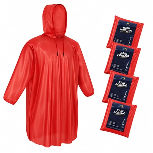 Mindful Design Rain Ponchos with Drawstring Hood Disposable Emergency Poncho for Adults (Red)
