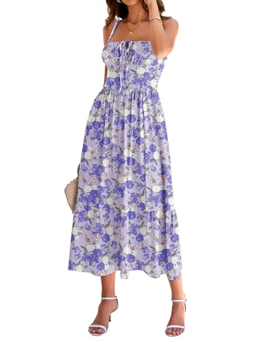 Image of Women's Casual Beach Vacation Dress with Pockets Flowy Aline Tiered Spaghetti Strap Lace Up Corset Midi Sundress for Summer
