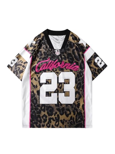 WDIRARA Men's Cheetah Letter Graphic Tees Oversized V Neck Short Sleeve Jersey T Shirt Tops