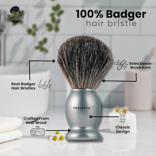 Image of Perfecto 100% Original Pure Badger Shaving Brush, Engineered for The Best Gift For Him. All Methods, Safety Razor, Double Edge Razor, Straight Razor, Shaving Razor, Gift for Men