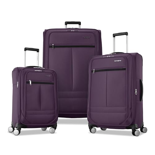 Samsonite 3-PC Soft-Sided 21/25/29 (Carry-On Medium Large Checked) Lightweight Expandable Element Luggage Set: 2 Front & Side Pocket Four Spinner Wheels Adjustable Handle Durable- Purple