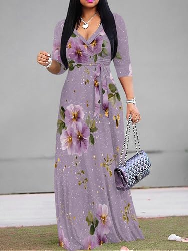 Image of SUZONANA Plus Size Dresses for Women Floral Print Maxi Dress Flowy 3 /4 Sleeve with Belt