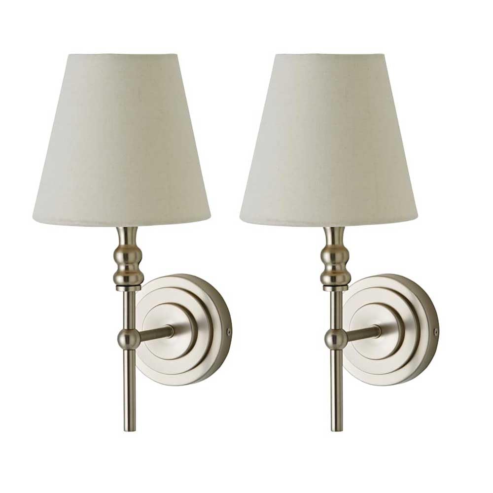 Valuelights Silver | Maggie Pair Of Brushed Chrome Candlestick Wall Lights With Linen Shade And Bulbs | Wall Lights, Home Décor & Improvement Essential |
