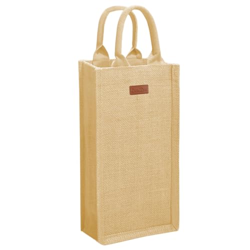 Dual Dou Jute Burlap 2-Bottle Wine Gift Tote with Soft Cotton Handles
