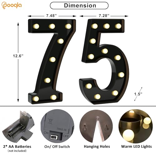 Image of Pooqla 75th Birthday Decorations for Men, Large Black Light Up Numbers | Black Party Decorations, 12.6in Tall Big Marquee Numbers 75th Anniversary Birthday Gift for Men Him Room Decor