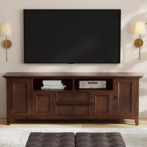 Image of SIMPLIHOME Amherst 72 inch Wide Solid Wood TV Stand in Russet Brown