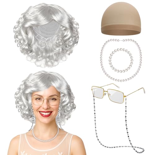 Huskein Old Lady Costume for Kids 100 Days of School Costume with Silver Old Lady Wig for 100th Day of School Dress Up